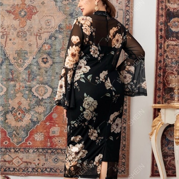 SHEIN Modely Plus Floral Print Trumpet Sleeve Slit Back Mesh Bodycon Dress - Picture 3 of 4